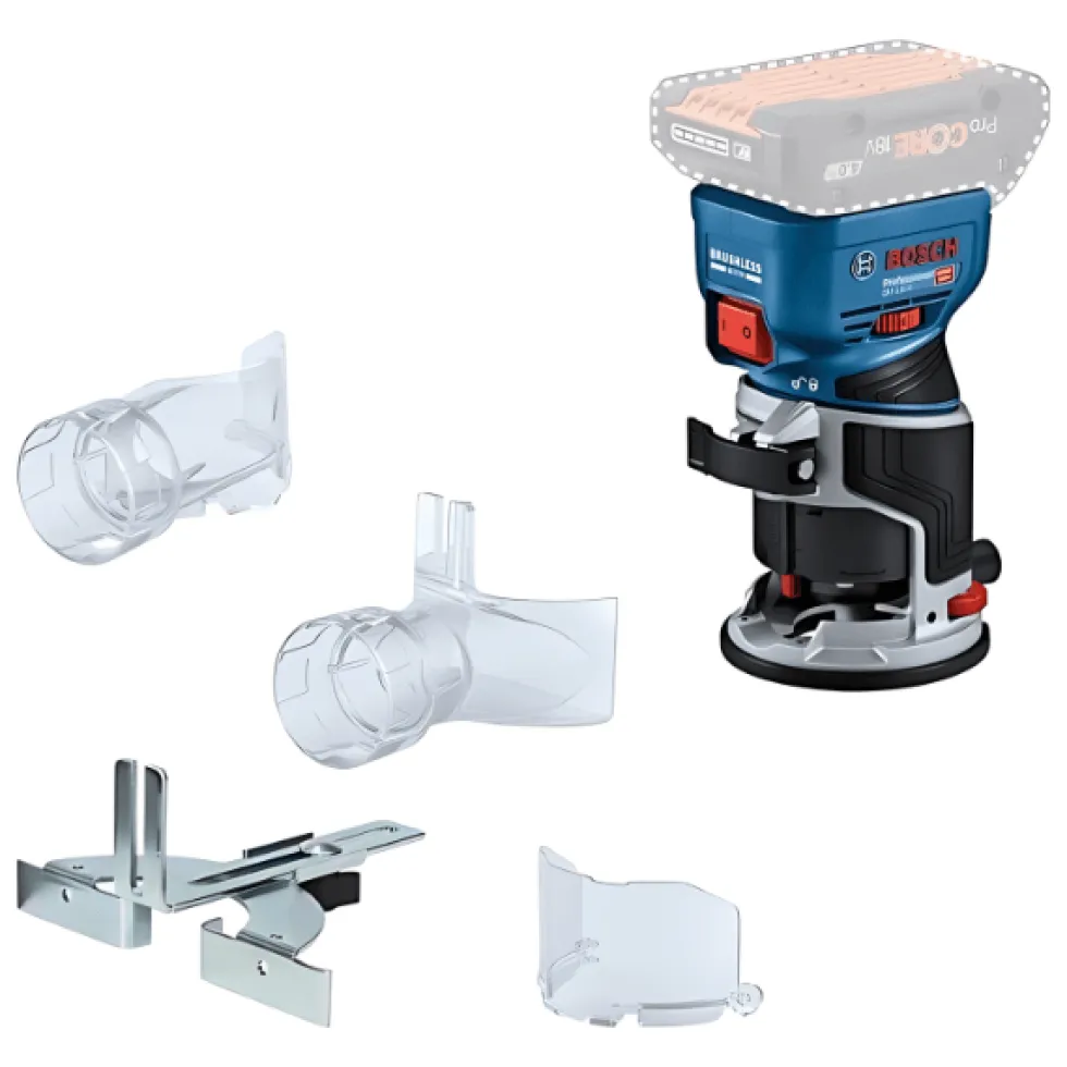 Bosch Professional Tupia de Canto e Superfície sem Fio GKF 18V-8 com Calha Paralela,Protetor de Limalha,Pinça 8mm,2 Adaptadores de Aspiração (Plano e Angular)