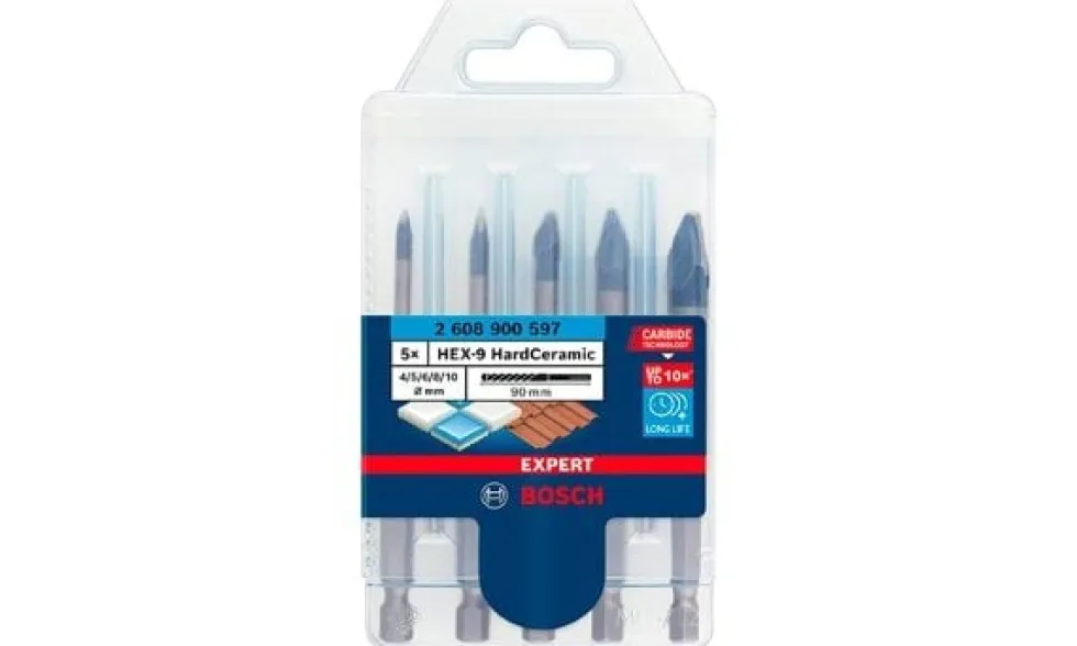 Conjunto de 5 Broca EXPERT HEX-9 HardCeramic 4 - 10x90mm Bosch 2608900597