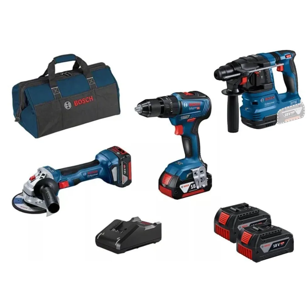 Kit 3 Máquinas GBH 18V-21 + GSB 18V-55 + GWS 18V-7 + GAL 18V-40 + 4 Baterias 18V Bosch